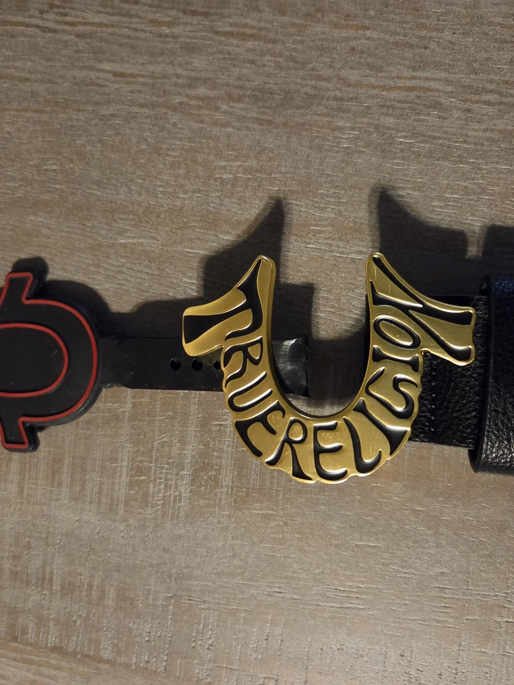 True Religion Black Leather Belt with Gold & Black Horseshoe Buckle